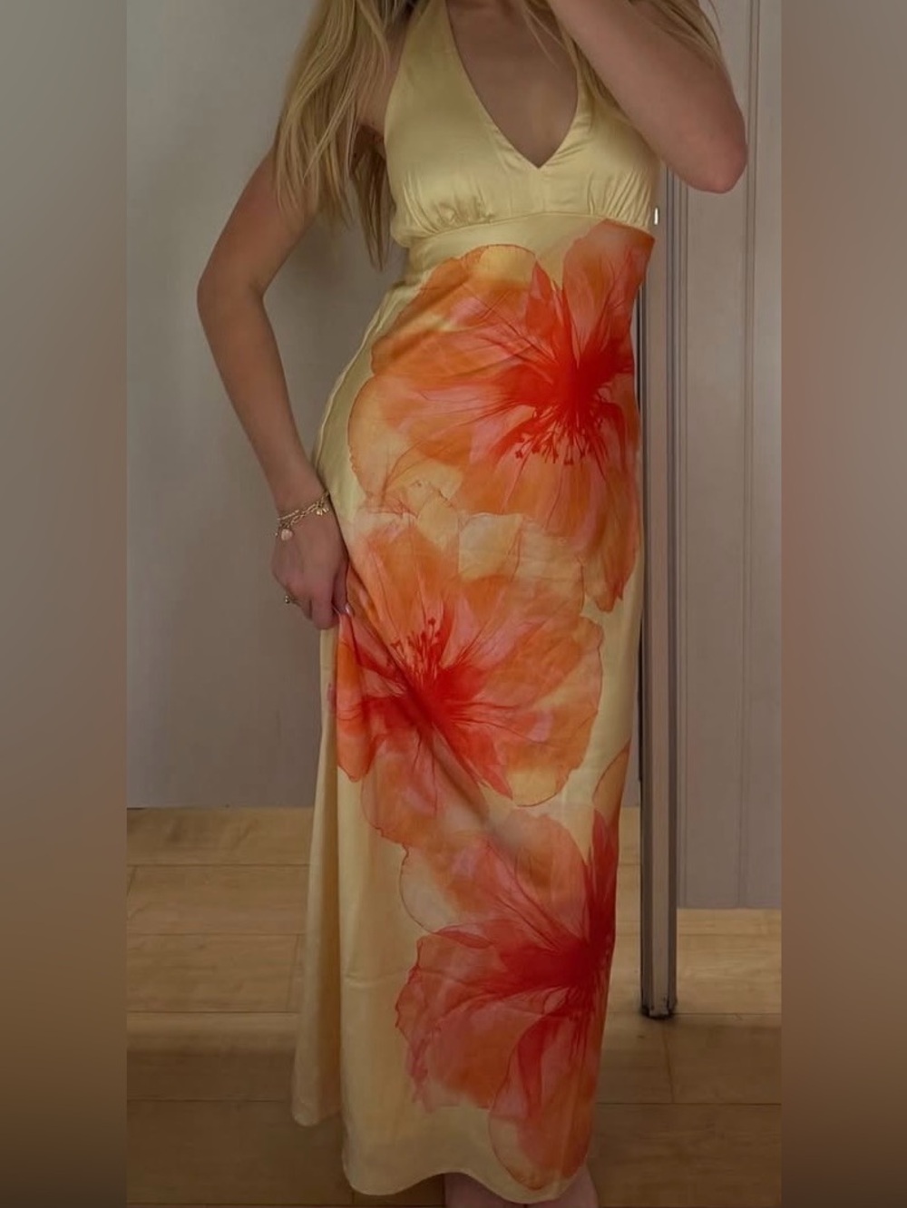 V-Neck Yellow Maxi Dress with Orange Floral Motif